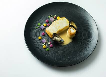 Roast Halibut, Mussel Volte, Violet Potatoes